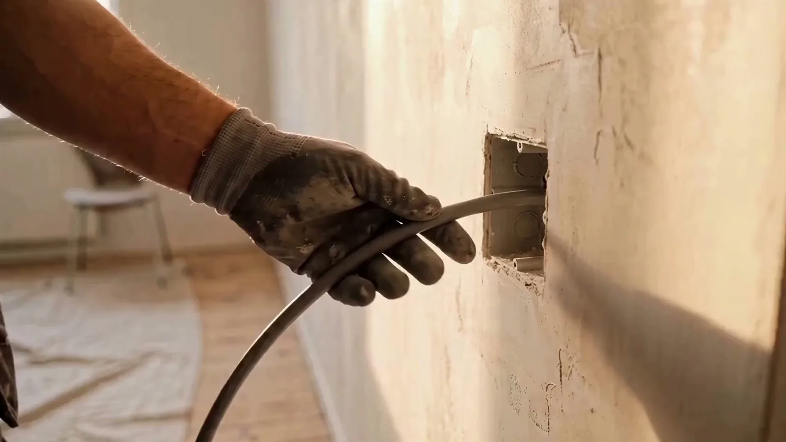 Elektriker trækker kabel gennem en væg i et dansk hjem under renovering.